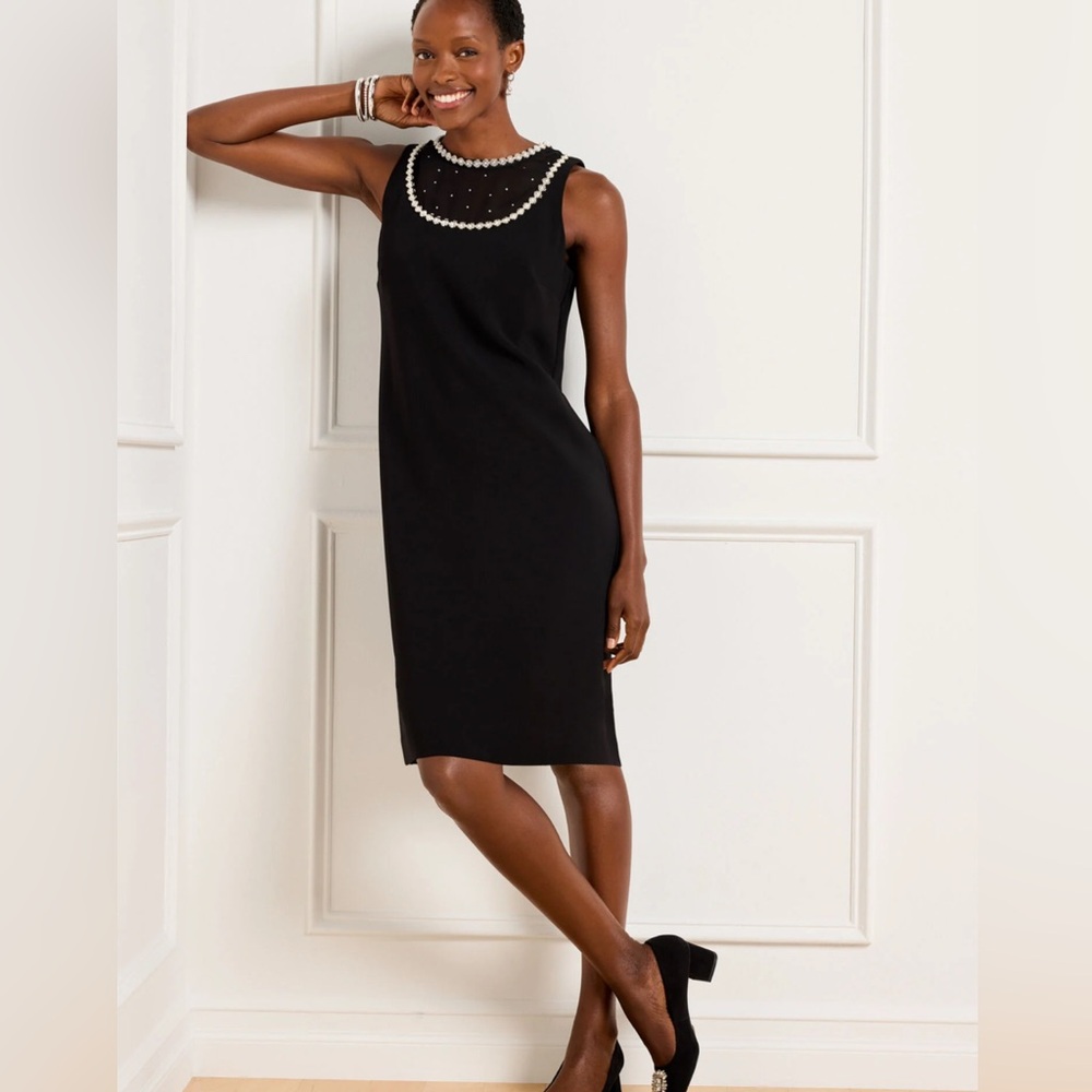 Talbots Black Sheath Midi Dress with White Trim
